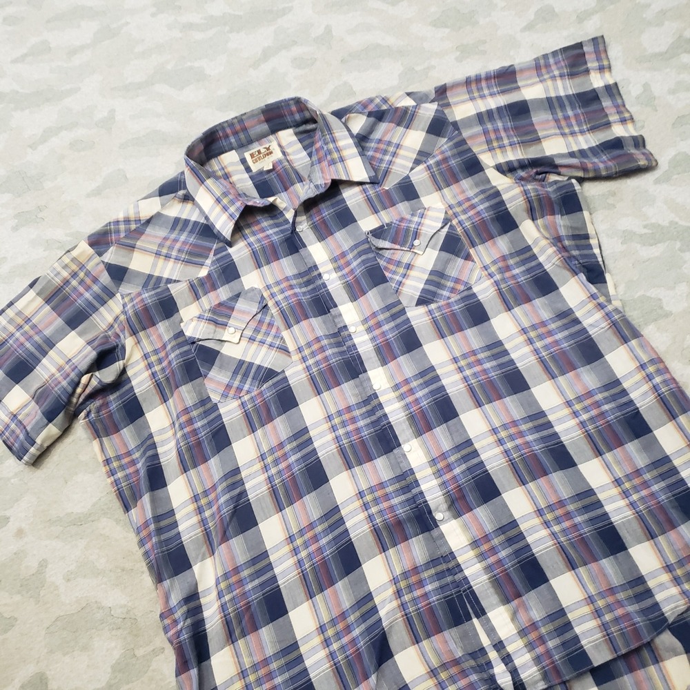Ely Cattleman Western Shirt Mens 2XL Blue Plaid Pearl Snap Short Sleeve Rodeo - Picture 2 of 8
